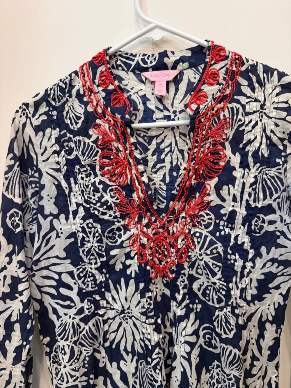 Lilly Pulitzer Navy and White Sea Life Tunic with Coral Bead Embroidery - Picture 2 of 4